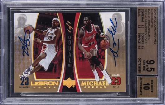 2005-06 UD Jordan/James "Autographs" #MJLJ6 Michael Jordan/LeBron James Dual Signed Card (#1/1) – True Gem Example – BGS GEM MINT 9.5/BGS 10